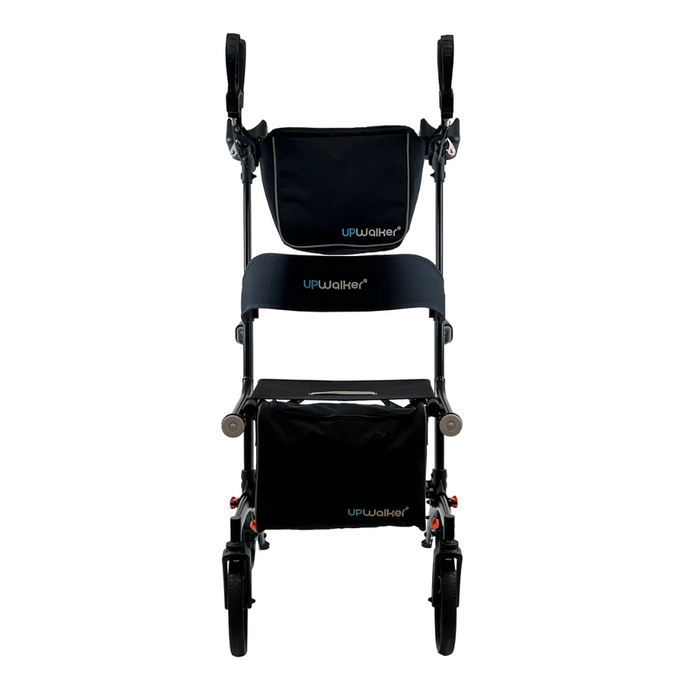 The sleek black Journey UPWalker Premium Lite V2 Upright Rolling Walker features a front view with four enhanced wheels, arm supports, a seat, and a storage pouch for convenience.