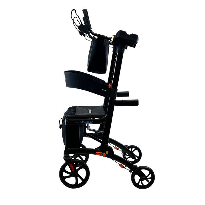 Side view of a black Journey UPWalker Premium Lite V2 Upright Rolling Walker featuring adjustable handles, safety armrests, a seat, enhanced wheels for mobility, motion-activated lights, and a compact frame for easy maneuverability.