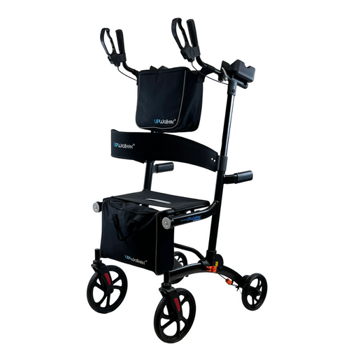 The Journey UPWalker Premium Lite V2 is a black upright rolling walker with four enhanced wheels, a seat, armrests, padded handles, and both an under-seat storage bag and a front smaller bag. Its sleek and modern design appeals to those who value practicality and style.