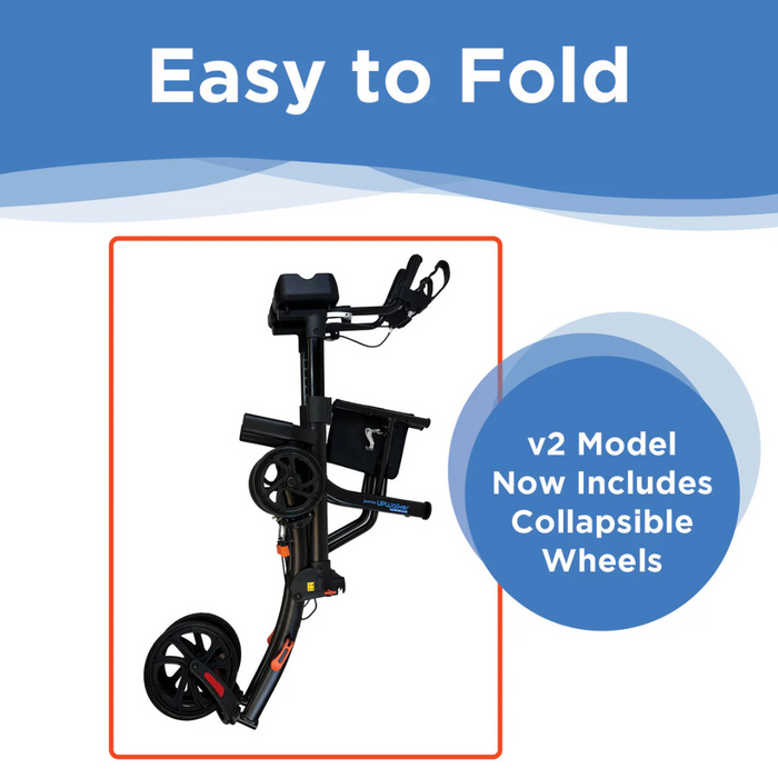 The Journey UPWalker Premium Lite V2, featuring a foldable design and advanced wheels, is displayed against a blue and white background with the text Easy to Fold and v2 Model Now Includes Collapsible Wheels.