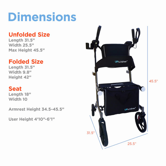 Image displaying the dimensions of a black Journey UPWalker Premium Lite V2 Upright Rolling Walker. Unfolded: 31.5 L x 25.5 W x 45.5 H; folded: 31.5 L x 9.8 W x 42 H; seat: 18” W x 10” D; armrest height: adjustable from 34.5-45.