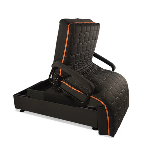 A black and orange reclining chair with a quilted pattern and sturdy armrests, partially unfolded to reveal a hidden compartment beneath, designed for comfort like the Journey UPbed® Standard 4-in-1 Motorized Lift Bed, blending coziness with functionality.