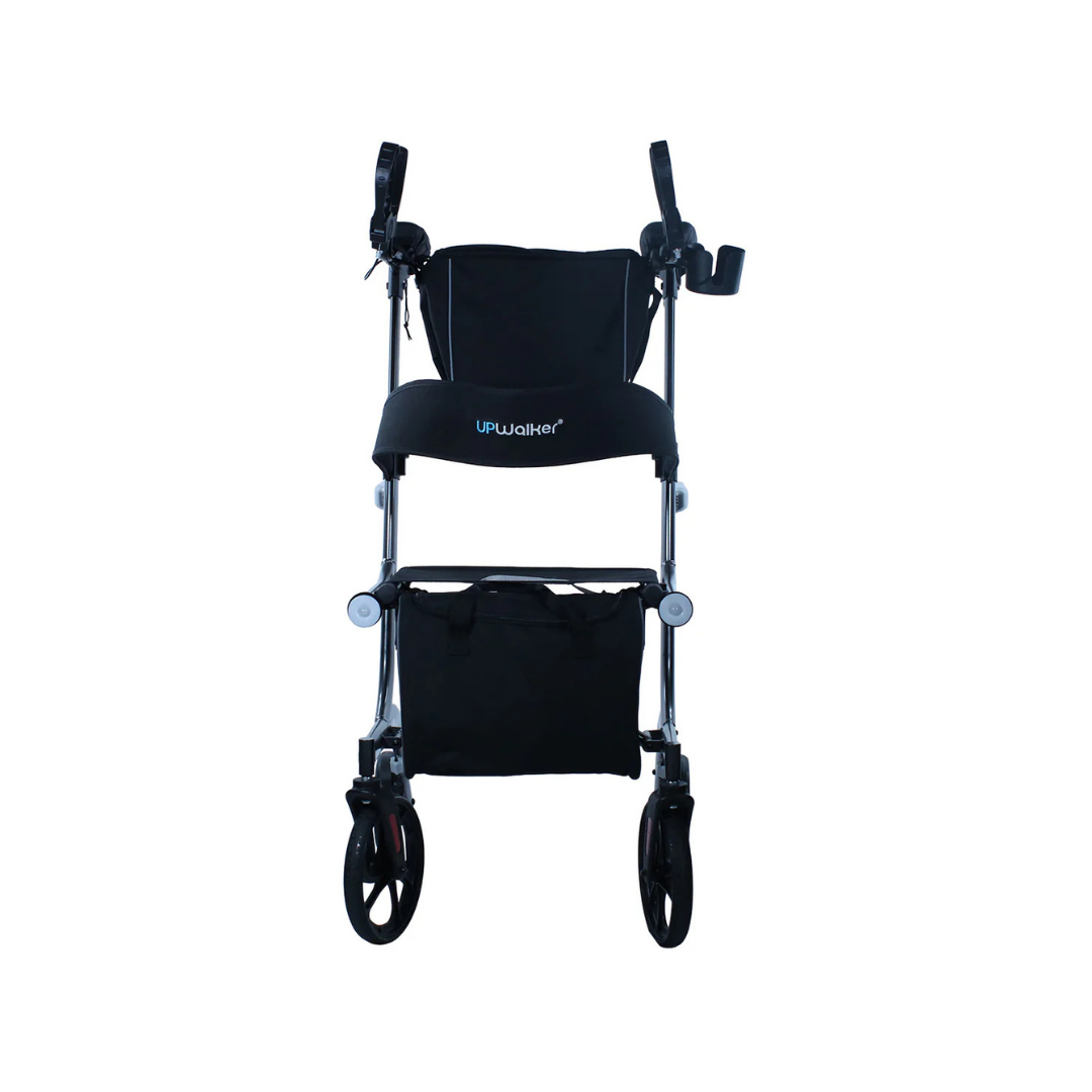 Front view of the Journey UPWalker Premium Lite Upright Rolling Walker in Dark Silver, featuring four wheels, handles, a seat with Smart Storage Solutions beneath, and a cup holder on the right handle against a white background.