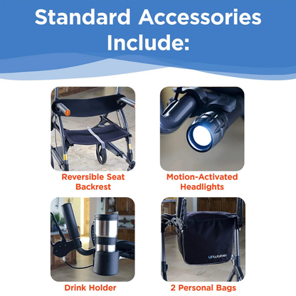 Four images show Journey UPWalker Premium Lite Upright Rolling Walker - Dark Silver accessories: reversible seat backrest, motion-activated headlights, drink holder, and two personal bags. Text labels each Smart Storage Solution for added ride comfort.