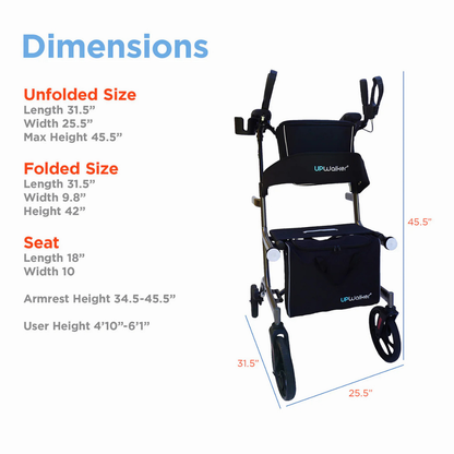 The Journey UPWalker Premium Lite Upright Rolling Walker in Dark Silver is shown with labeled measurements: unfolded 31.5L x 25.5W x max height 45.5, folded 31.5L x 9.8W x 42H, seat 18W x10D, armrest height 34.5–45.5.