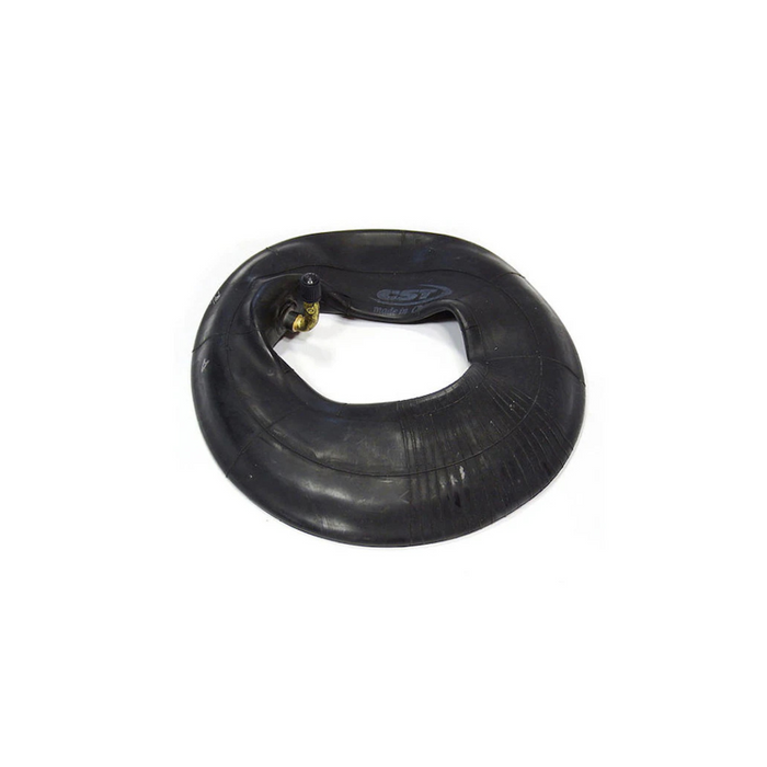 A black Journey Zinger Powerchair inner tube with a valve, similar to a rear tire, is showcased on a white background in a slightly twisted circular shape.