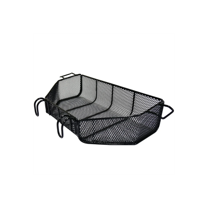 The black metal mesh Zinger Basket, part of the Journey Zinger Powerchair Parts & Accessories, features handles on each side and a stylish rectangular design. Its perfect for organizing or storing items, making it an ideal addition to your space.