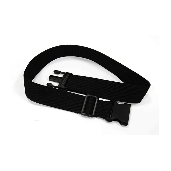 A black adjustable strap with a plastic buckle, specifically made for a Journey Zinger Powerchair, is laid flat and slightly coiled on a white background.