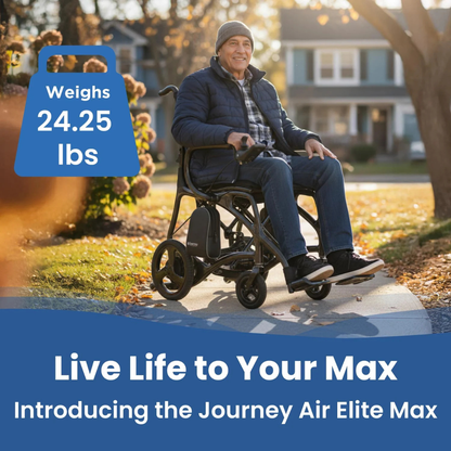 A smiling man in a comfy wheelchair moves along a suburban sidewalk. Text: “Weighs 24.25 lbs. Live Life to Your Max. Meet the Journey Air Elite Max Ultralite Carbon Fiber Travel Powerchair.”.