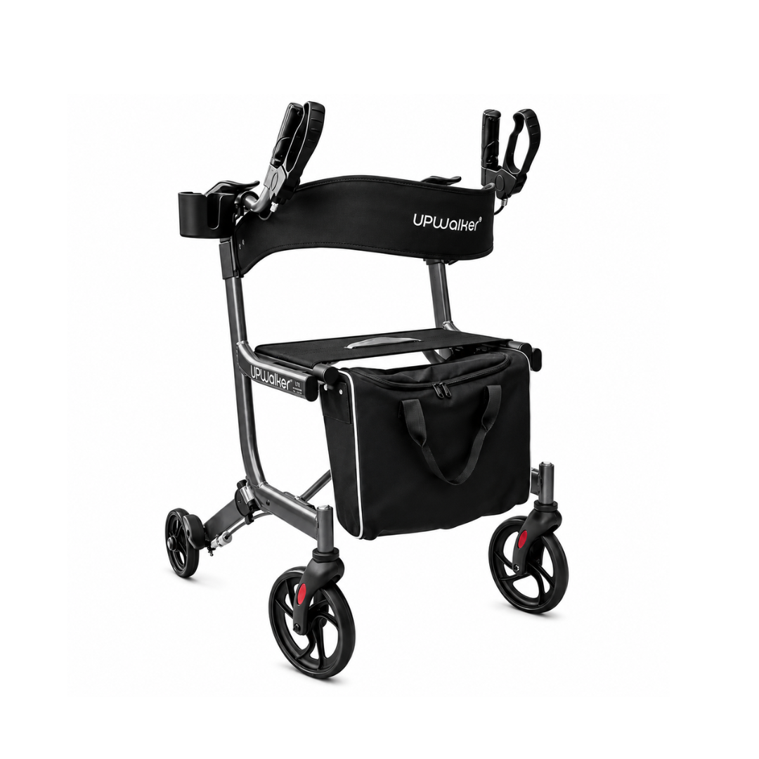 The Journey UPWalker® EZ Lite Rollator, an upright rolling walker in black with four wheels, a seat, padded armrests, hand grips, and a detachable front storage bag is shown against a plain white background.