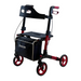 Introducing the Journey UPWalker® Breeze Rollator Walker: a red and black mobility walker with versatile wheels, a padded seat, and a Journey storage bag. Its red-gripped handles and stable frame enhance posture and offer excellent support.