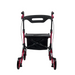 The Journey UPWalker® Breeze Rollator Walker, in vibrant red and black, features four wheels, a seat, and two handles with brake levers. Designed to enhance mobility and posture improvement, this rollator is prominently displayed against a pristine white background.