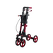 The Journey UPWalker® Breeze Rollator Walker is a compact red and black foldable mobility aid with versatile wheels and ergonomic handlebars, designed to enhance posture while ensuring easy mobility and support.