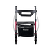 The Journey UPWalker® Breeze Rollator Walker is a red mobility walker with versatile wheels, a black seat, and supportive handles. It includes a journey storage bag beneath the seat to enhance posture and provide convenience on the go.