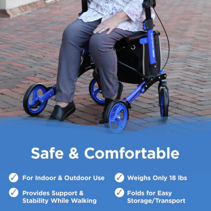 A person sits on a Journey UPWalker® Breeze Rollator Walker, featuring blue and black colors, on a brick path. It is suitable for indoor/outdoor use, weighs 18 lbs, provides stability, improves posture, and folds easily for storage and transport.