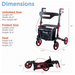 An infographic shows the Journey UPWalker® Breeze Rollator Walkers dimensions in red and black. Unfolded: L 26, W 25.4, Max H 38. Folded: L 23.6, W 10.3, H 13.4. Seat: D 9.8, W 18.1, H 21. This foldable walker even...