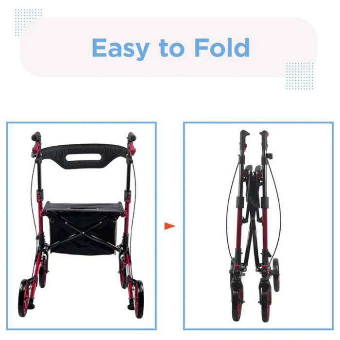 The Journey UPWalker® Breeze Rollator Walker is showcased opened on the left and folded on the right. Above, Easy to Fold is highlighted. This posture-improving walker has four wheels, a black seat, and a bold red frame.