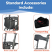 Image showcasing standard accessories for the Journey UPWalker® Breeze Rollator Walker: personal bag, transport bag, extra-large seat, and adjustable backrest. Each item is depicted in separate squares with text labels above.