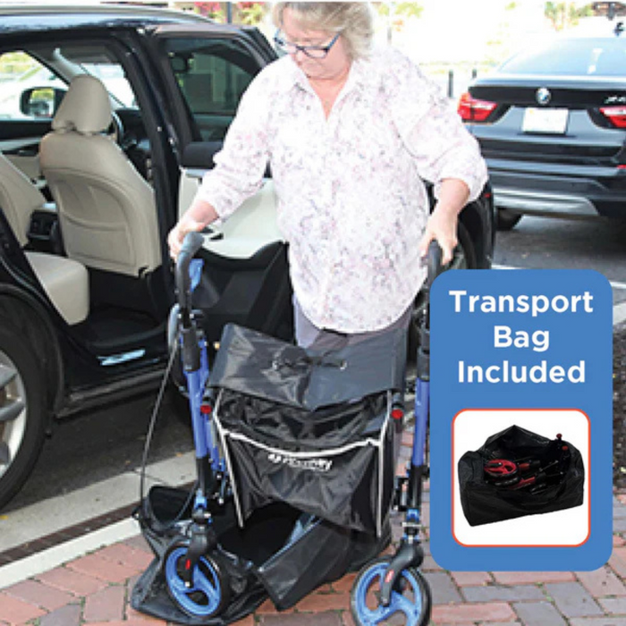 A person folds a blue Journey UPWalker® Breeze Rollator Walker by a car. A label states Transport Bag Included with an image of a black bag holding the rollator. An open car door and parked vehicle highlight this mobility equipment designed to enhance posture while traveling.