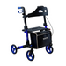 The Journey UPWalker® Breeze Rollator Walker is a blue and black 4-wheeled rollator with hand brakes, adjustable handles for better posture, a cushioned seat, supportive backrest, storage pouch labeled Journey, and sturdy wheels for enhanced mobility.