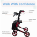 The image features the Journey UPWalker® Breeze Rollator Walker in red and black, highlighting its adjustable backrest for better posture, lockable brakes, extra-large seat, and multi-terrain swivel wheels. Walk With Confidence is displayed at the top.