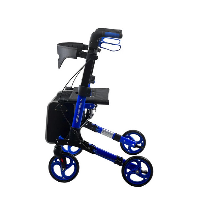 The Journey UPWalker® Breeze is a blue and black foldable rollator with versatile wheels, a seat, hand brakes on the handles, and under-seat storage, designed to enhance mobility and improve posture.