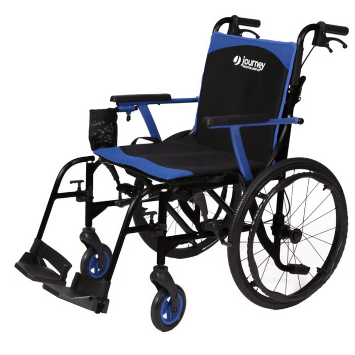 The Journey So Lite® C2 Ultra Lightweight Wheelchair in black and blue has large rear wheels, small front casters, cushioned backrest, armrests, footrests, and a storage side pocket for unmatched mobility.