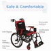 The image features the Journey So Lite® C2 Ultra Lightweight Wheelchair in red and black, highlighting its removable cushions, comfortable seating, anti-tippers, curb climbers, and flat-free tires. Made from military-grade magnesium for unparalleled mobility, it reads Safe & Comfortable on top.