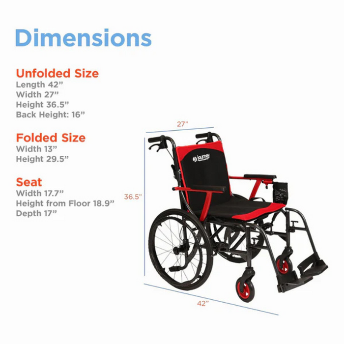 Experience unmatched mobility with the sleek Journey So Lite® C2 Ultra Lightweight Wheelchair, crafted from military-grade magnesium. Unfolded: 42x27x36.5; Folded: 13x29.5. Seat dimensions are 17 wide, 18.9 floor height, and 17 depth in striking black and red design.