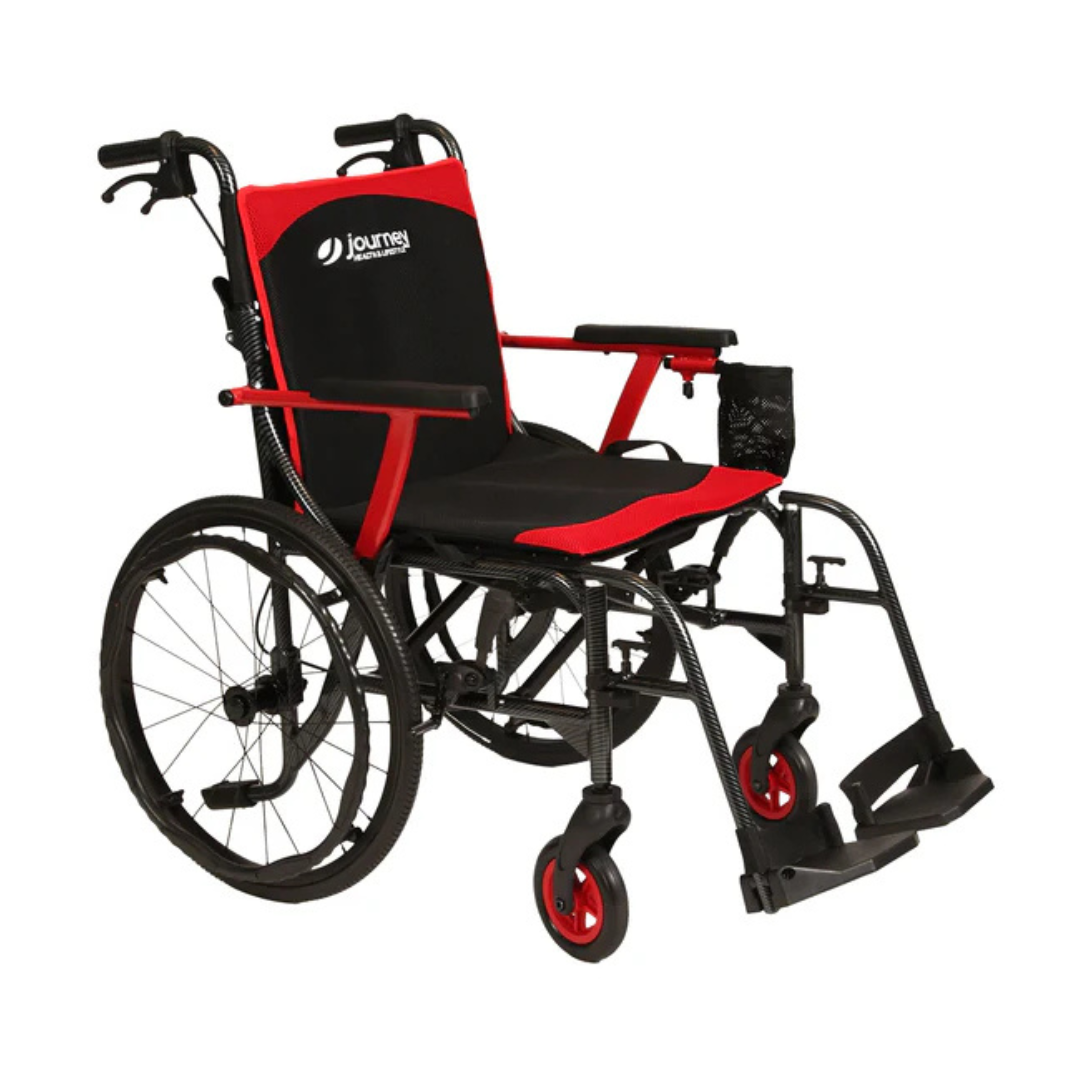 The Journey So Lite® C2 Ultra Lightweight Wheelchair, crafted from military-grade magnesium in black and red, offers large rear wheels and smaller front wheels for excellent mobility. It features a journey logo in white on the seat and backrest, plus a side pouch, footrests, and push handles.