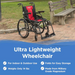 Set near a wooden bench, the Journey So Lite® C2 Ultra Lightweight Wheelchair boasts unmatched mobility with a red and black seat. Ideal for indoor and outdoor use, it folds easily for storage, weighs just 14 lbs, and is crafted from military-grade magnesium.