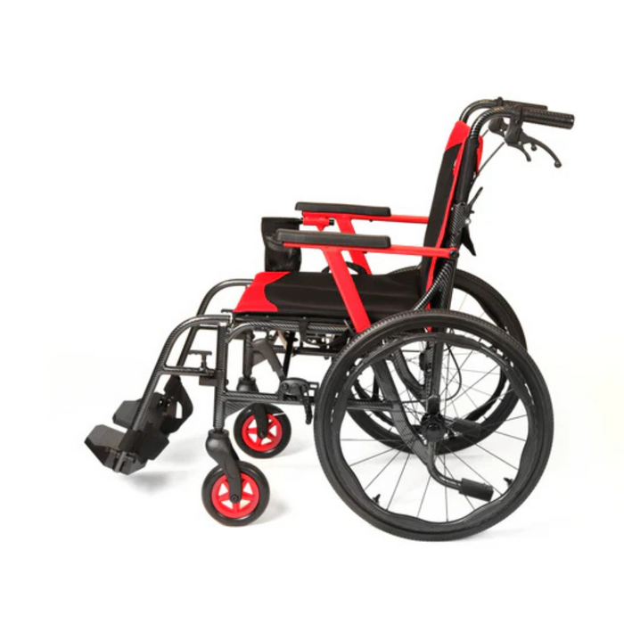 The Journey So Lite® C2 Ultra Lightweight Wheelchair, made from military-grade magnesium, features a red and black design with large rear wheels, smaller front wheels, a cushioned seat, armrests, and detachable footrests for unmatched mobility and support.