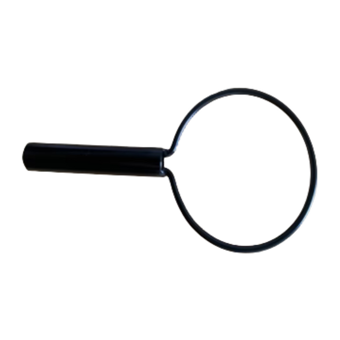 A black magnifying glass with a round lens and straight handle, similar to the tools used for examining Journey So Lite Scooter Parts & Accessories, is displayed against a simple white background.