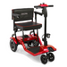 Introducing the Journey So Lite® Folding Power Scooter, a red mobility solution with a black seat and backrest. It features four wheels, handlebars with controls, a small storage basket under the seat, and Electronic Anti-Tip Technology for safe transport and enhanced mobility.