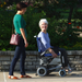 Two women enjoy a sunny day outdoors. One walks beside the other, who is gliding effortlessly in her 49 lbs Journey Zinger® Folding Powerchair. Both are smiling and chatting, enveloped by vibrant greenery and flowers.