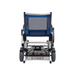 Rear view of the lightweight Journey Zinger® Folding Powerchair, which weighs only 49 lbs. It features a compact design with dual-lever steering and two large rear wheels. Its sturdy frame shows the backrest, with Zinger prominently displayed at the bottom. FAA approved for convenience.