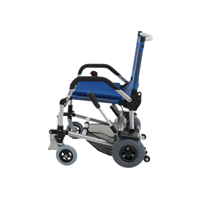 Side view of the Journey Zinger® Folding Powerchair - FAA Approved, a lightweight blue and silver chair weighing only 49 lbs with small front wheels and larger rear wheels, designed for easy portability and efficient mobility support.