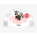 Diagram of the Journey Zinger® Folding Powerchair, weighing only 49 lbs and FAA approved, showcasing its lightweight design and turns on a dime turning radius. Arrows demonstrate its dual-lever steering maneuverability compared to an average travel scooter.