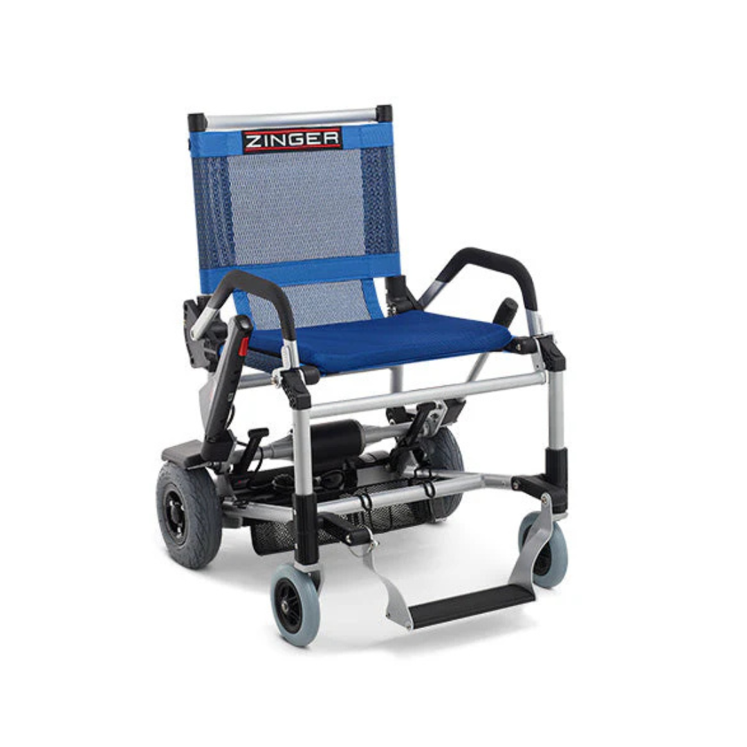 The Journey Zinger® Folding Powerchair is a lightweight 47-lb electric wheelchair featuring a foldable design, blue mesh backrest and seat, armrests, footrest, and dual-lever steering with four wheels. Larger rear wheels ensure stability. Zinger is stylishly displayed on the backrest. FAA approved.