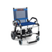 The Journey Zinger® Folding Powerchair, FAA approved and weighing only 49 lbs, features a compact metallic frame with a blue seat and backrest, black armrests, dual-lever steering, small front wheels, large rear wheels, and a convenient footrest for smooth comfort.