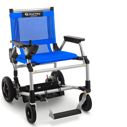 Discover the Journey Zoomer® Portable Travel Powerchair, FAA Approved, featuring an innovative design with a lightweight frame, blue mesh seat and backrest, armrests, footrest, black joystick on the armrest, four wheels for seamless mobility, and a compact turning radius for easy navigation.