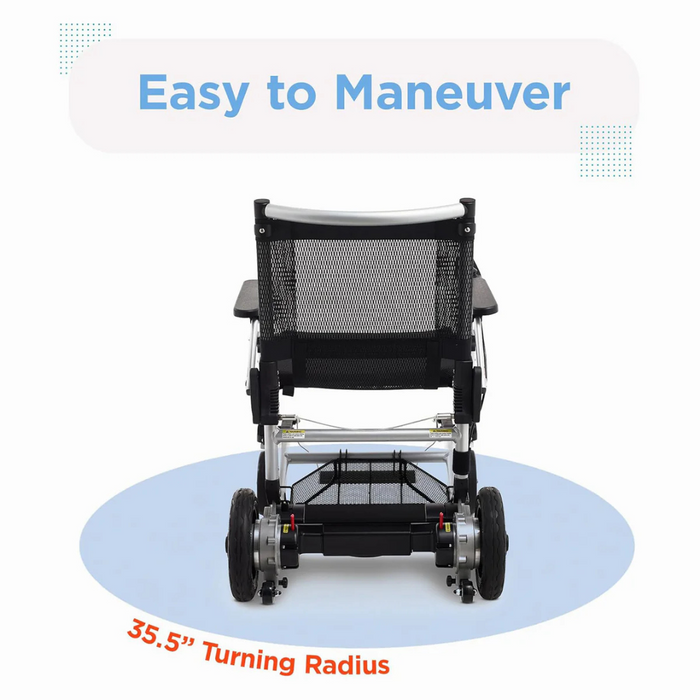 Rear view of the Journey Zoomer® Portable Travel Powerchair with Easy to Maneuver label above and 35.5 Turning Radius text at the bottom, highlighting its innovative design and compact turning radius, ideal for those seeking effortless mobility.