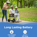 A man in a wheelchair, a woman, and a child in a helmet stroll in the park. Text reads, Long Lasting Battery: Fully Charged in 4 Hours, Up to 8 Mile Range, showcasing the Journey Zoomer® Portable Travel Powerchairs compact turning radius for easy navigation.