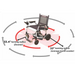 The image showcases the Journey Zoomer® Portable Travel Powerchair, highlighting its innovative design and 33.4-inch turning radius within a larger circle showing an average travel scooters 50-inch radius. Arrows emphasize the impressive comparison between the two radii.