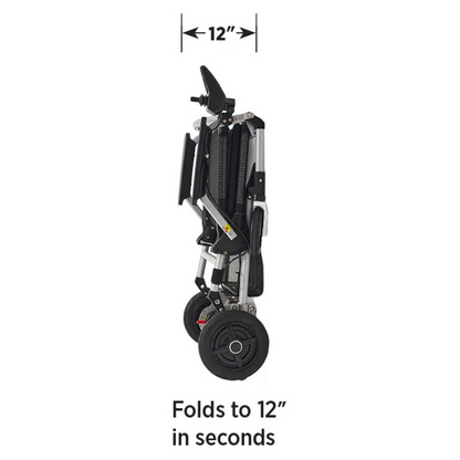 The Journey Zoomer® Portable Travel Powerchair is a compact, folding chair with black and silver components, shown vertically. It folds to 12 inches in seconds, and the two small wheels highlight its portable mobility. FAA approved for travel convenience.