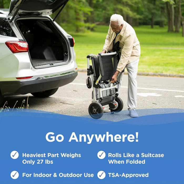 An elderly person in a light outfit lifts the innovative Journey Zoomer® Portable Travel Powerchair - FAA Approved from a car trunk. It rolls like a suitcase, ensuring portable mobility and modern convenience. Text highlights: lightweight, portable, indoor/outdoor use, TSA-approved.