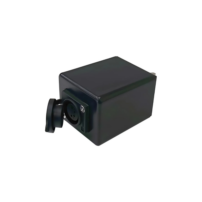 A black rectangular device resembling parts of a Journey Zoomer Powerchair, featuring a protruding connector and hinged cover on one side, appears to be an industrial plug or socket, viewed against a plain white background.