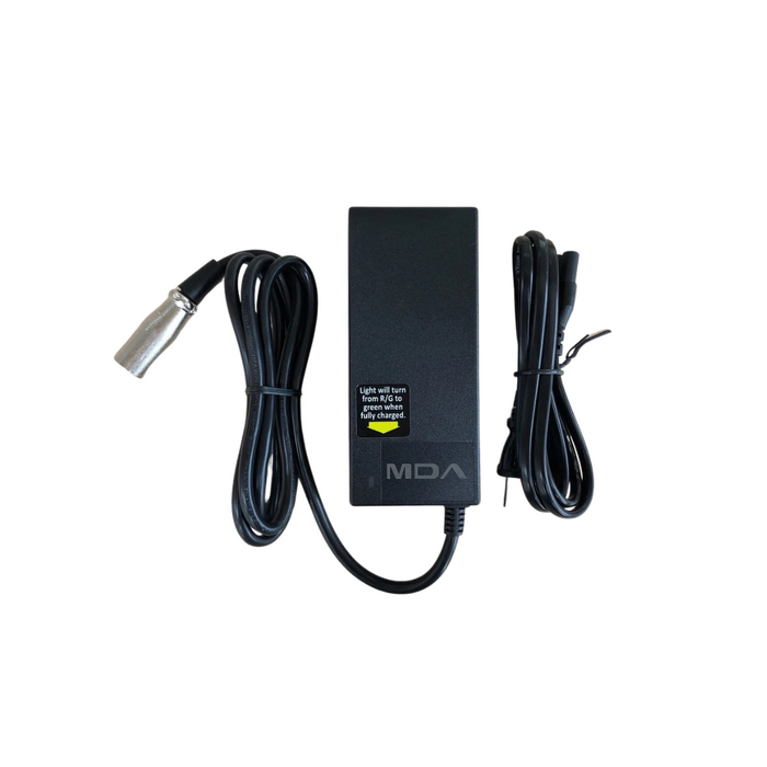 A black Journey Zoomer Powerchair power adapter includes two cables: one with a 3-pin connector and another with exposed wire, featuring model number and power specs for performance and compatibility.