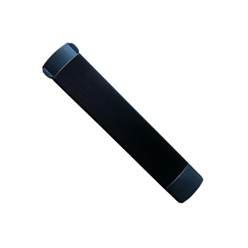 A black, cylindrical carrying tube with end caps, similar to a wheel extractor in its sturdy design, ideal for storing and transporting documents or posters. Displayed at an angle against a white background. This item is part of the Journey Zoomer Powerchair Parts & Accessories range.