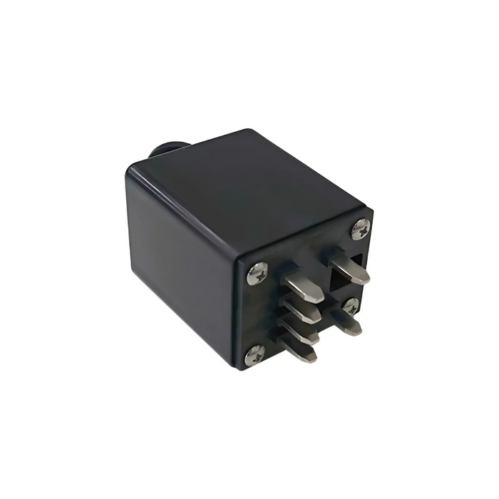 A sturdy, rectangular black electrical plug with four metal prongs is designed for the Journey Zoomer Powerchair, ensuring reliable energy transfer. Positioned against a plain white background, it keeps your device powered and ready.